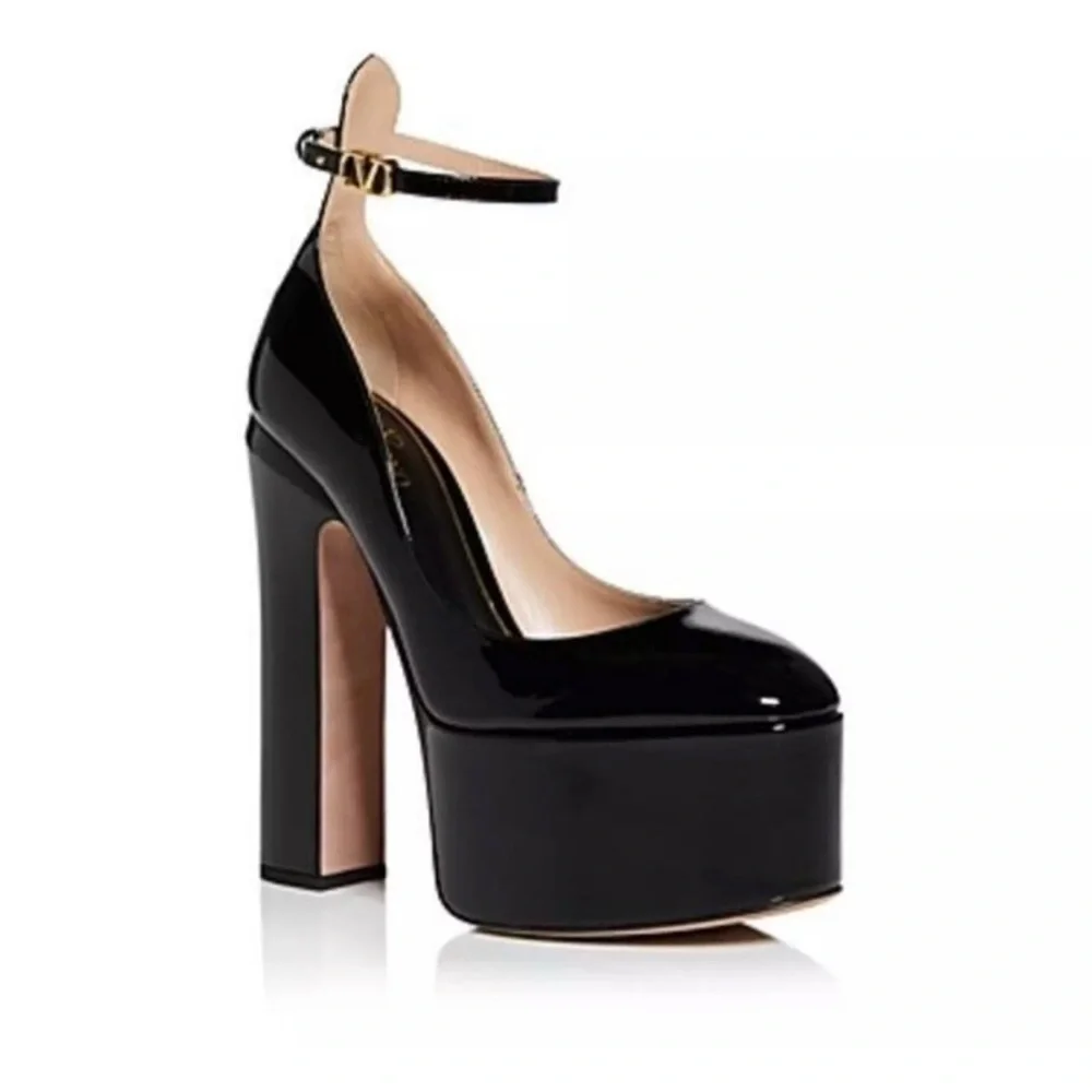 Valentino Rockstud Tan-go Black Patent Leather Ankle Strap Platform Heel Pump 41 - Picture 12 of 12
